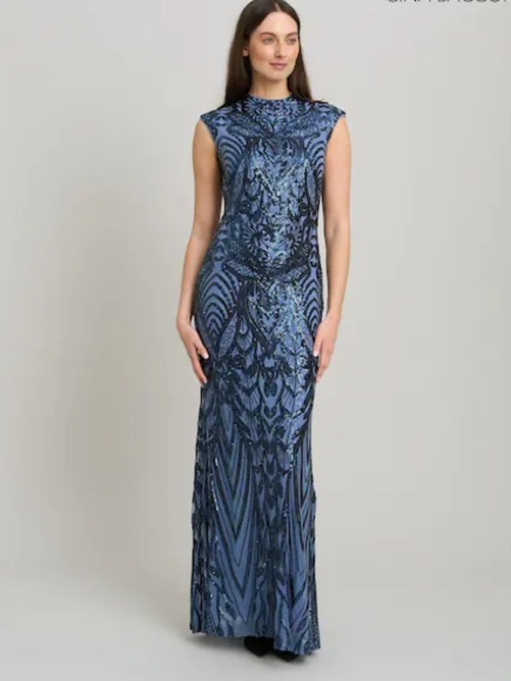 Betsy & Adam SZ 16 Beaded Gown Blue Art Deco Formal MOB Evening GALA Cap Sleeve